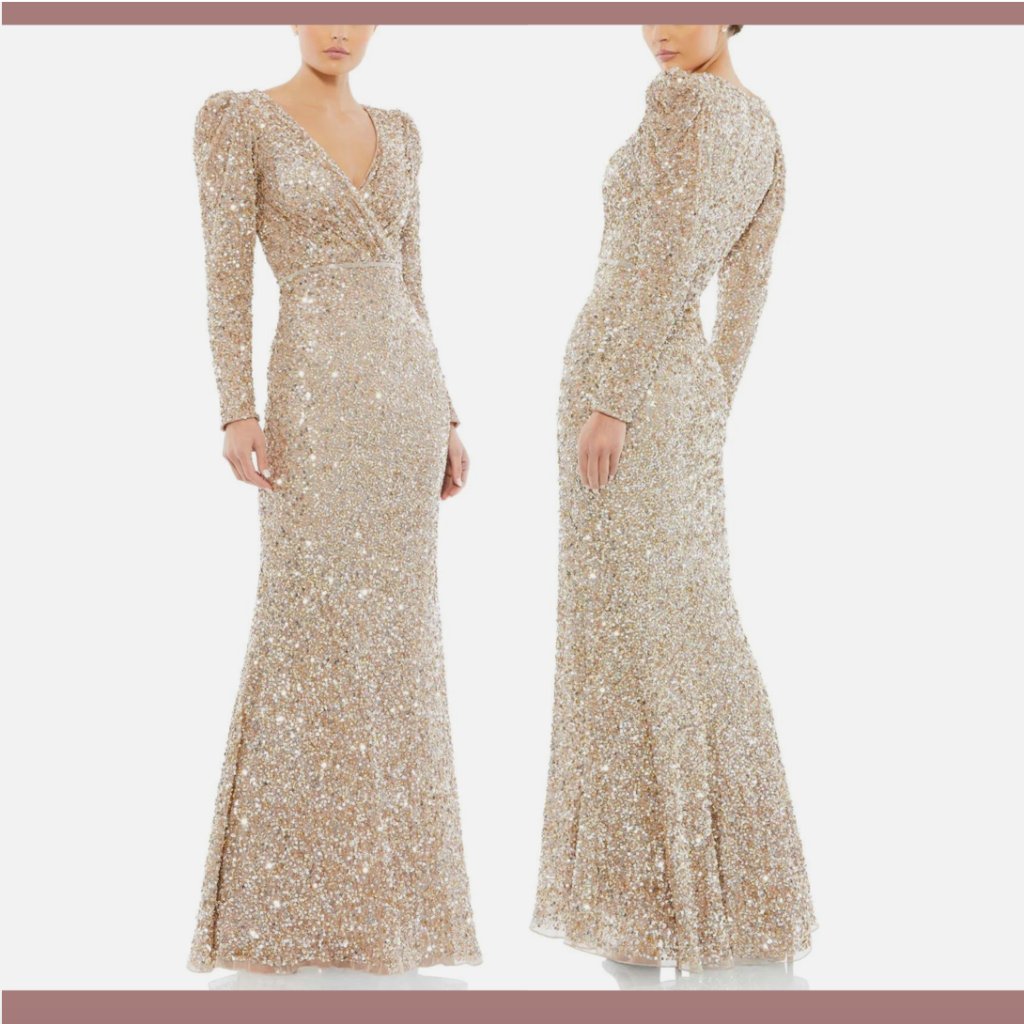 Nwt $498 Mac Duggal [ 12 ] V Neck Puff Shoulder Sequined Surplice Gown Gold Q606